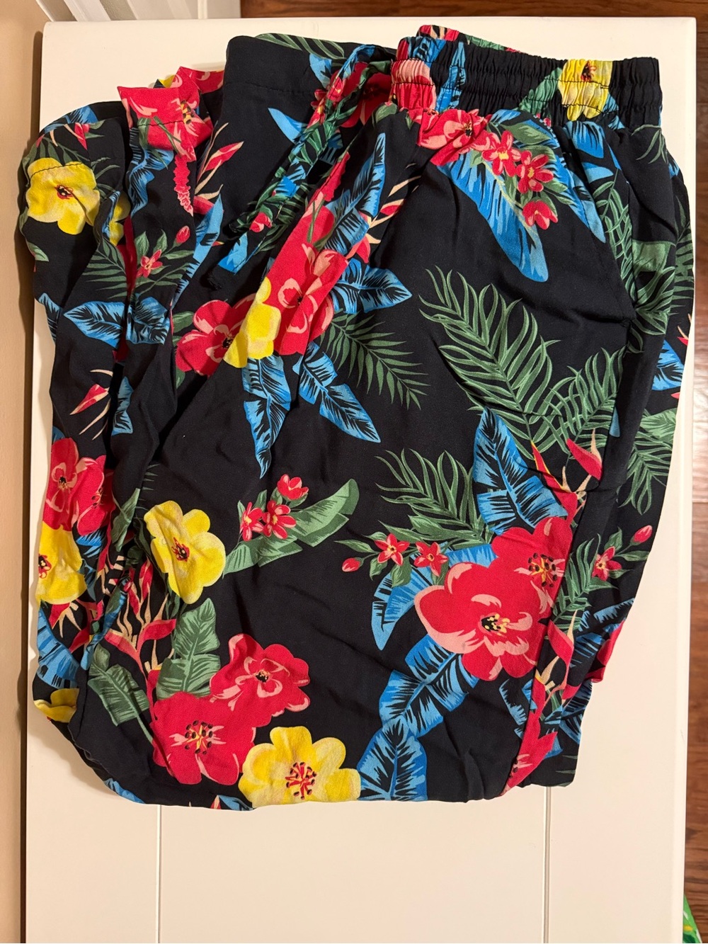 Tropical Floral Tie Waist Pants - Black Background
